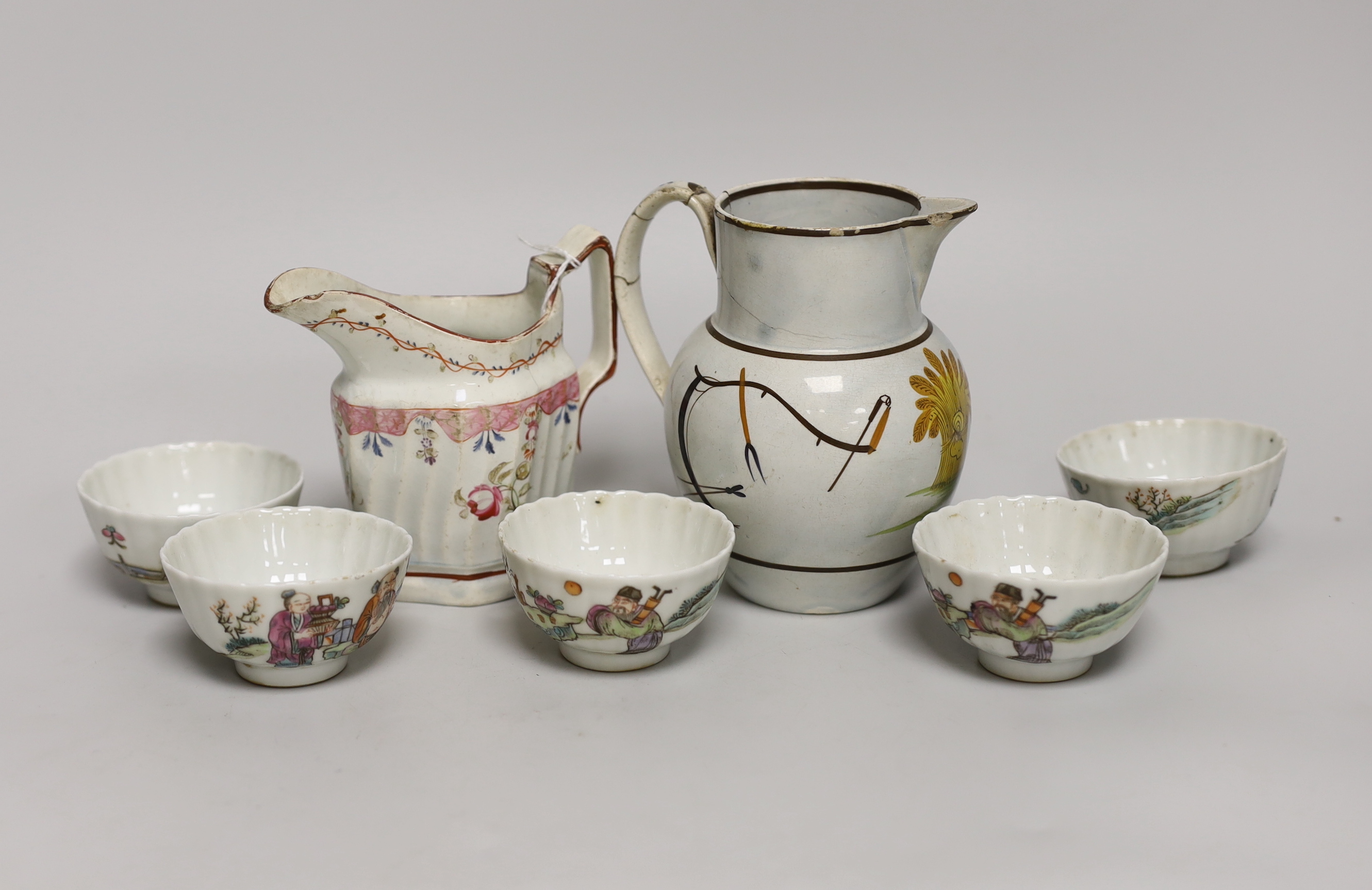 A Prattware agricultural jug and similar milk ewer, and five small Chinese tea bowls, tallest jug 12.5cm high